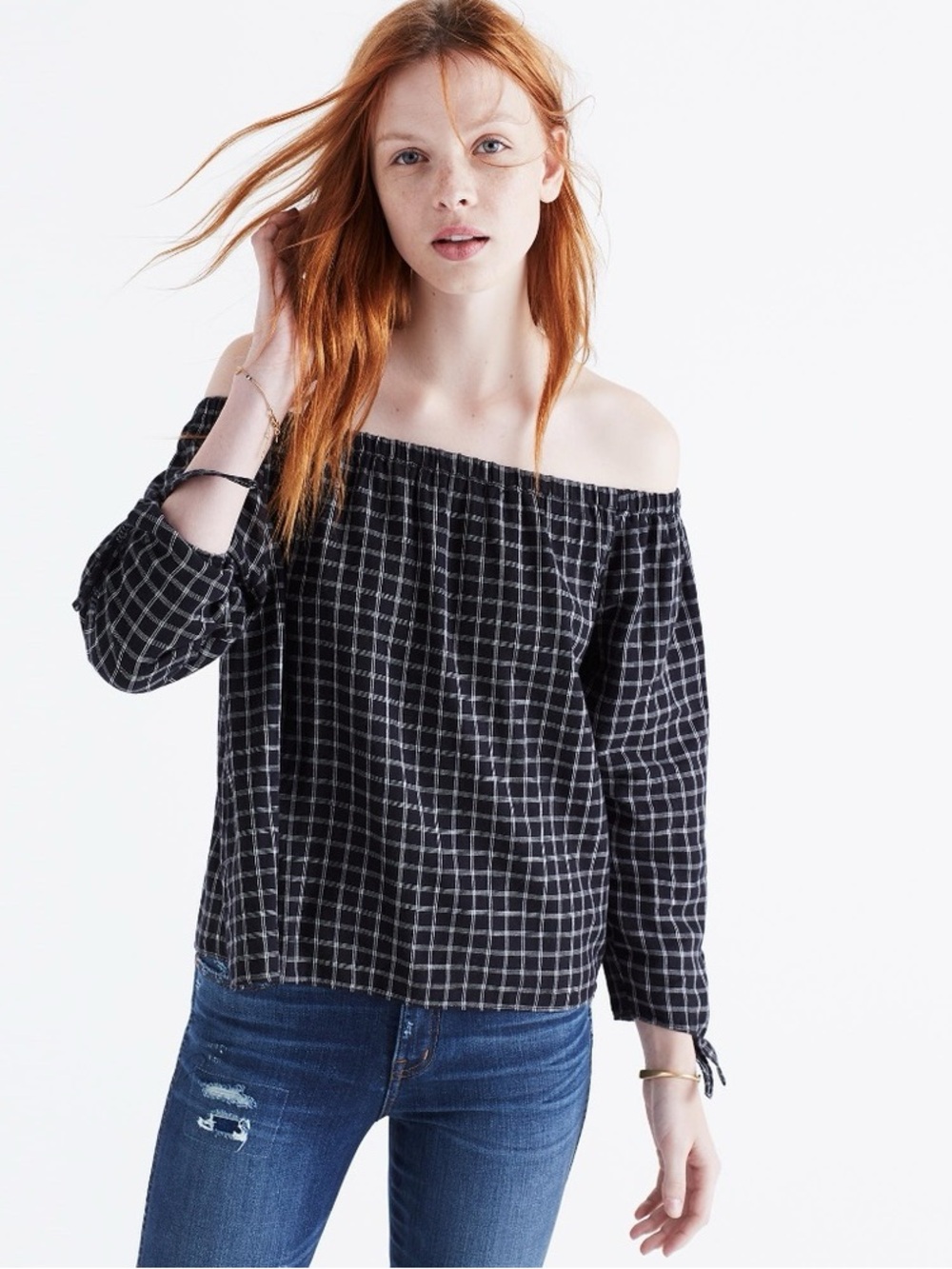 🖤Madewell Black and White Plaid Off-Shoulder Blouse